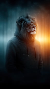 Urban lion with headphones in a stylish hoodie showcasing a blend of nature and modern lifestyle photo