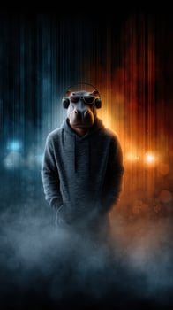 Unique character wearing headphones and sunglasses in a stylish urban setting with dramatic lighting effects photo