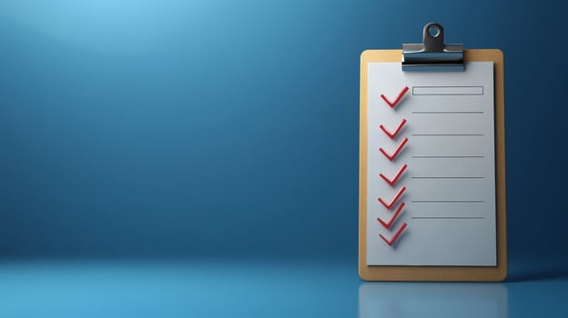Checklist with completed tasks on a wooden clipboard against a blue background highlighting organized planning photo