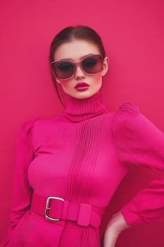 Striking fashion model in vibrant pink attire with sunglasses against a pink backdrop during a contemporary photoshoot photo