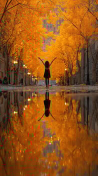 Girl embraces autumn colors in a charming alley filled with golden trees and reflections photo