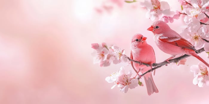 Two vibrant pink birds perched on a cherry blossom branch in a serene spring setting photo