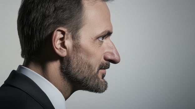 Profile portrait of a man in a suit with a focused expression in a softly lit setting photo