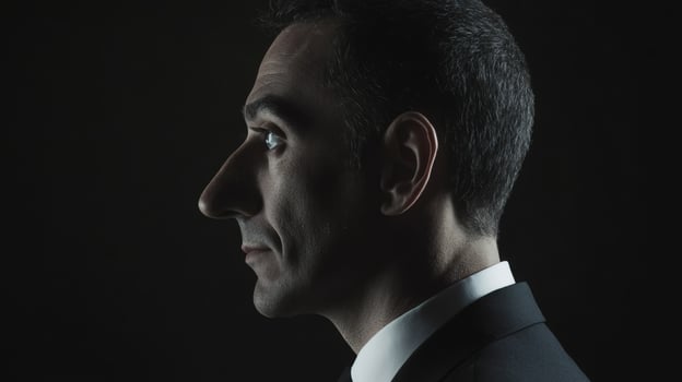 Man in formal attire poses against dark background, showcasing profile and features with dramatic lighting emphasis photo