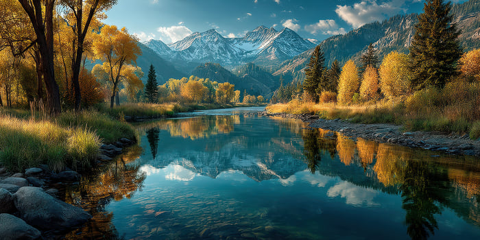 Serene river reflects autumn foliage and mountains in peaceful afternoon light photo