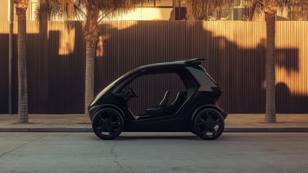 Sleek black electric vehicle parked in urban area during sunset hours highlighting innovative design and functionality photo