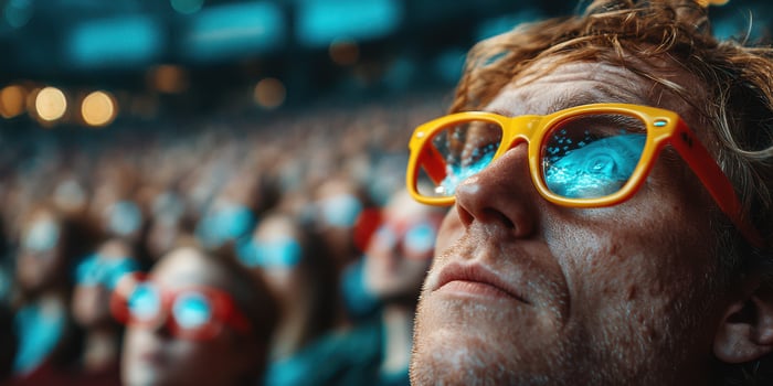 Audience experiencing a captivating show with vibrant 3D glasses during a live event at an indoor venue in the evening photo