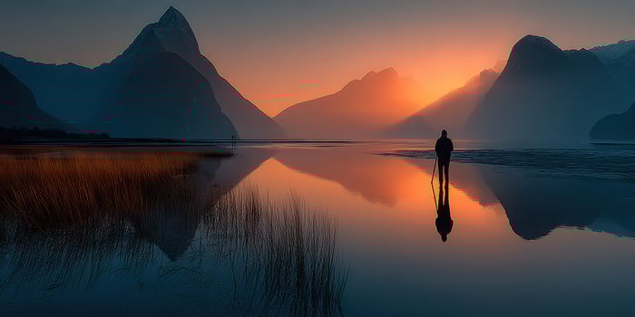 Beautiful sunset at the lake with silhouetted figure against mountainous landscape photo