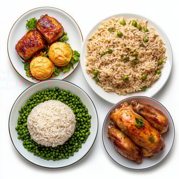 A variety of dishes including rice, chicken, peas and rice photo