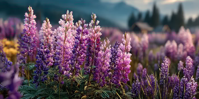 Vibrant purple lupine flowers bloom in a serene valley surrounded by mountains at sunset photo