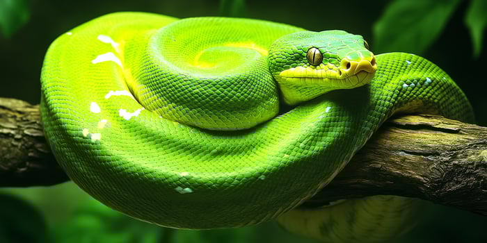 Green python resting on a branch in a lush tropical habitat under soft lighting photo