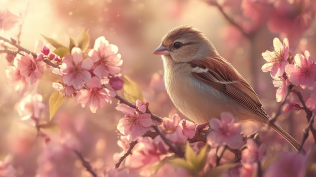 Beautiful bird perched among blooming cherry blossom branches during springtime morning light photo