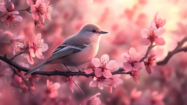 Colorful bird perched on a branch surrounded by blooming cherry blossoms during springtime photo