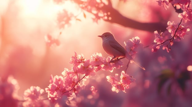Beautiful bird perched on cherry blossom branch during soft sunset light in springtime garden photo