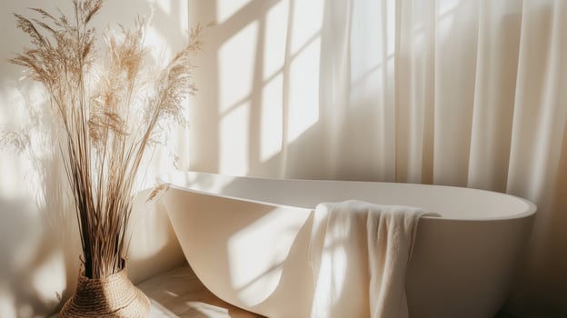 Elegant bathtub with natural light and dried plants in a cozy interior setting photo