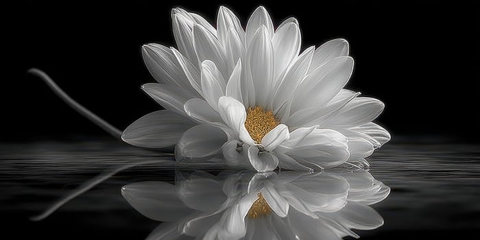White flower lying on water with reflections captured in black and white style photo
