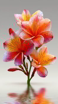 Colorful flowers with droplets reflecting in calm water during a serene morning photo