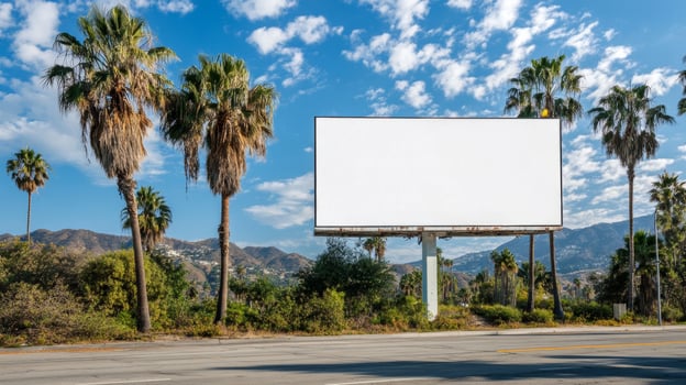 Billboard stands empty amidst palm trees and a clear blue sky in a Californian landscape during the day photo
