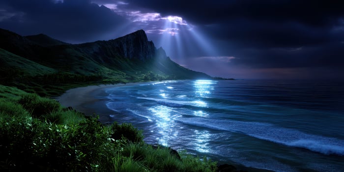 Evening light shines over a tranquil beach under a dramatic sky with mountain backdrop photo