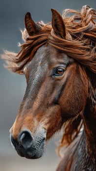 Majestic brown horse with flowing mane against a dramatic background at sunset photo