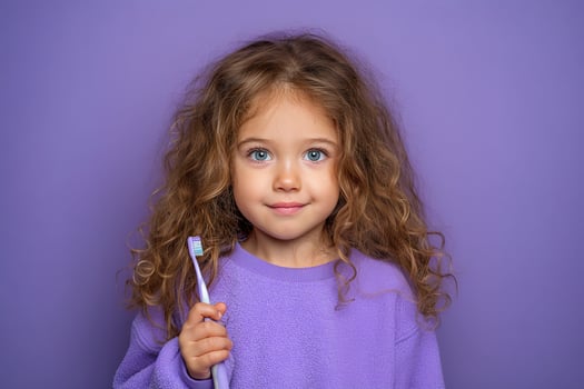 Little girl with a toothbrush on a purple background. photo