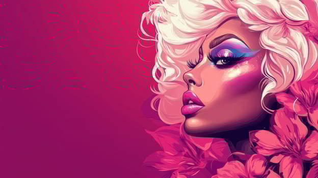 Colorful portrait of a glamorous woman with vibrant makeup and flowers against a pink background photo