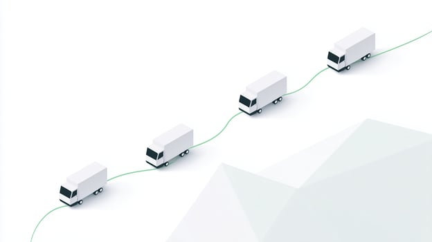 White delivery trucks connected by a green line on a minimalistic background, illustrating logistics and transportation concepts in a modern design style photo
