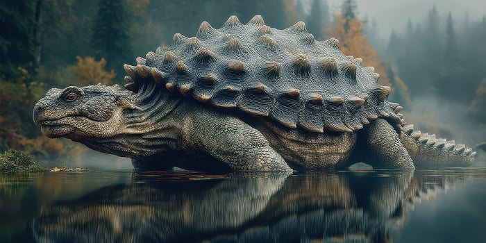Giant prehistoric turtle emerging from tranquil water in misty forest during early morning photo