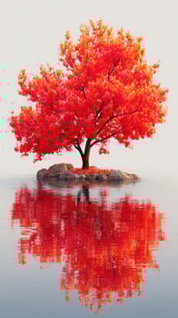 Vibrant red tree stands proudly on a small island amidst still water at dawn photo