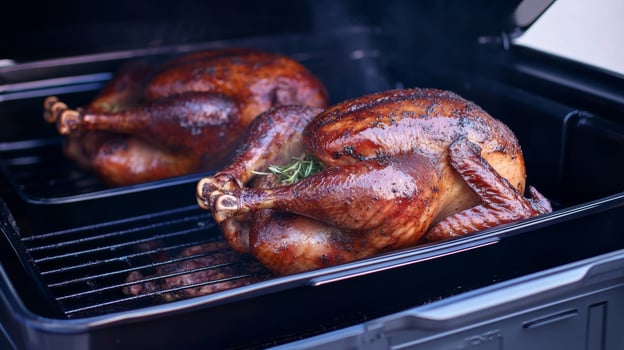 Smoky barbecue turkeys cooking in a grill outdoors for a festive gathering photo