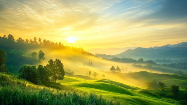 Vibrant sunrise over rolling hills and lush green valleys with soft mist in the early morning light photo