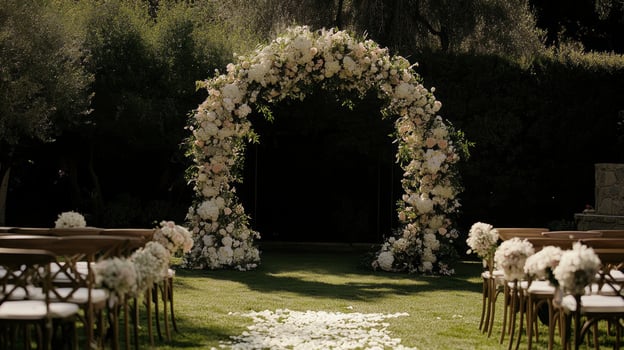 Beautiful floral arch and seating arrangement at an outdoor wedding ceremony in a garden setting during daytime photo