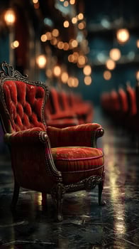 Elegant vintage red chair in a dimly lit lounge with decorative lights in the background photo