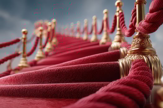 Elegant red carpet leading to a glamorous event venue with golden stanchions at dusk photo