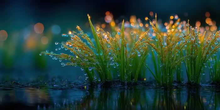 Dew-kissed grass glistens in early morning light near water reflecting dawn colors photo