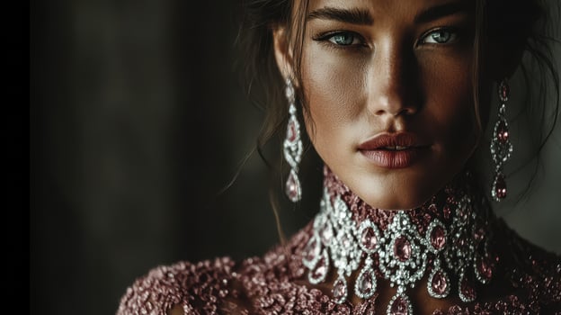 Elegant woman adorned in intricate jewelry poses against a dark background photo