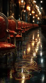 Elegant chairs line a dimly lit corridor with intricate designs and warm lighting in a lavish setting photo