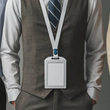A man in a suit and tie is holding a lanyard photo
