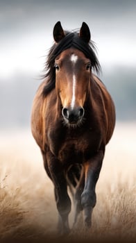 Majestic horse gallops through golden grassland during serene early morning light photo