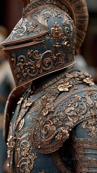 Intricately decorated knight in ornate armor highlights craftsmanship at historical reenactment event photo