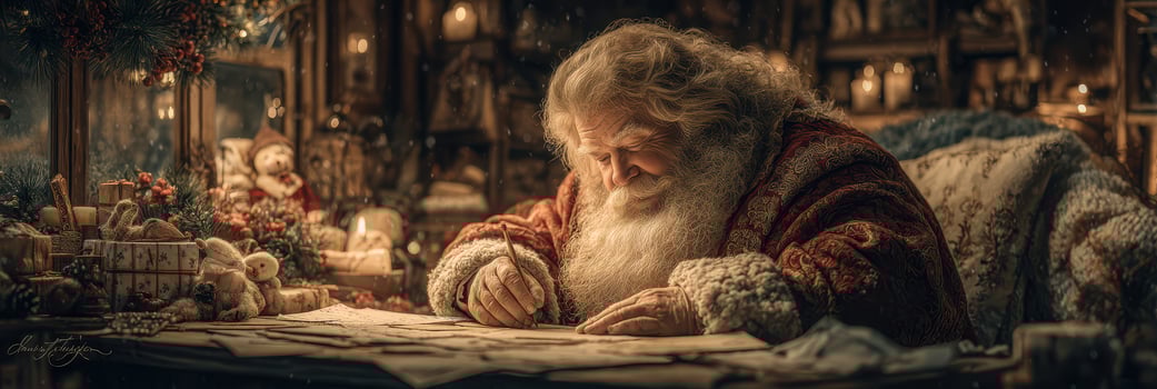 Santa Claus writing letters in his cozy workshop during Christmas season with decorations and gifts around photo