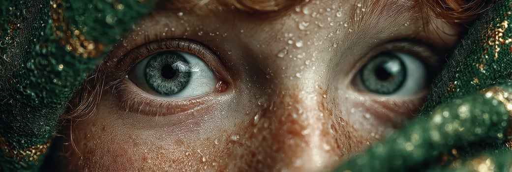 Close-up of a child with sparkling eyes and water droplets, highlighting vibrant red hair and green texture in a cozy atmosphere photo