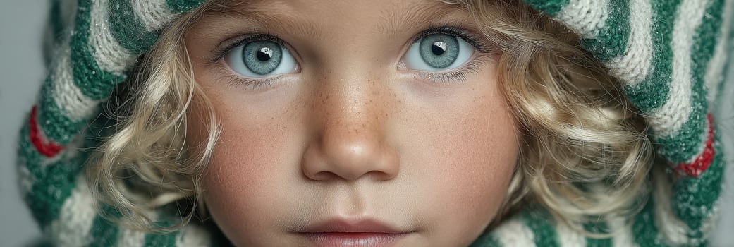 Child with striking blue eyes wearing a striped winter hat, showcasing innocence and curiosity in close-up photo
