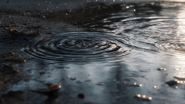 Serene raindrops falling gently into a tranquil puddle creating ripples on a smooth surface photo