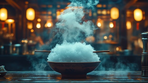 Steaming, cloud-like dish in bowl photo