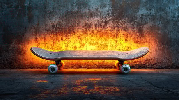 Skateboard illuminated by orange flames against a grungy wall photo