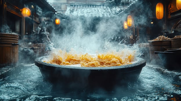 Steaming noodles in a traditional market photo