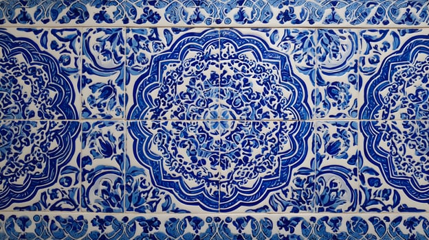 An exquisite wall showcasing hand painted ceramic tiles with traditional floral motifs in blue and white photo