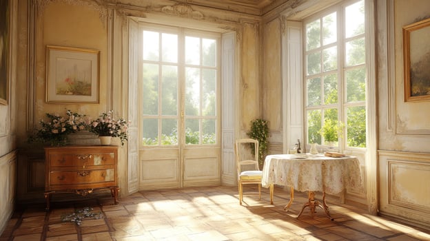 Sunlit antique room, elegant and peaceful photo