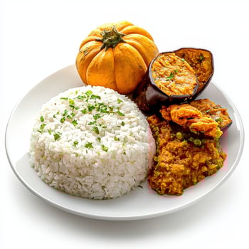 A plate of rice, vegetables and a pumpkin on a white surface photo